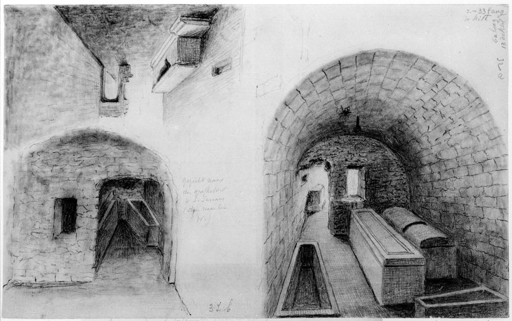Negentiende-eeuwse tekening van de crypte door J. Brabant